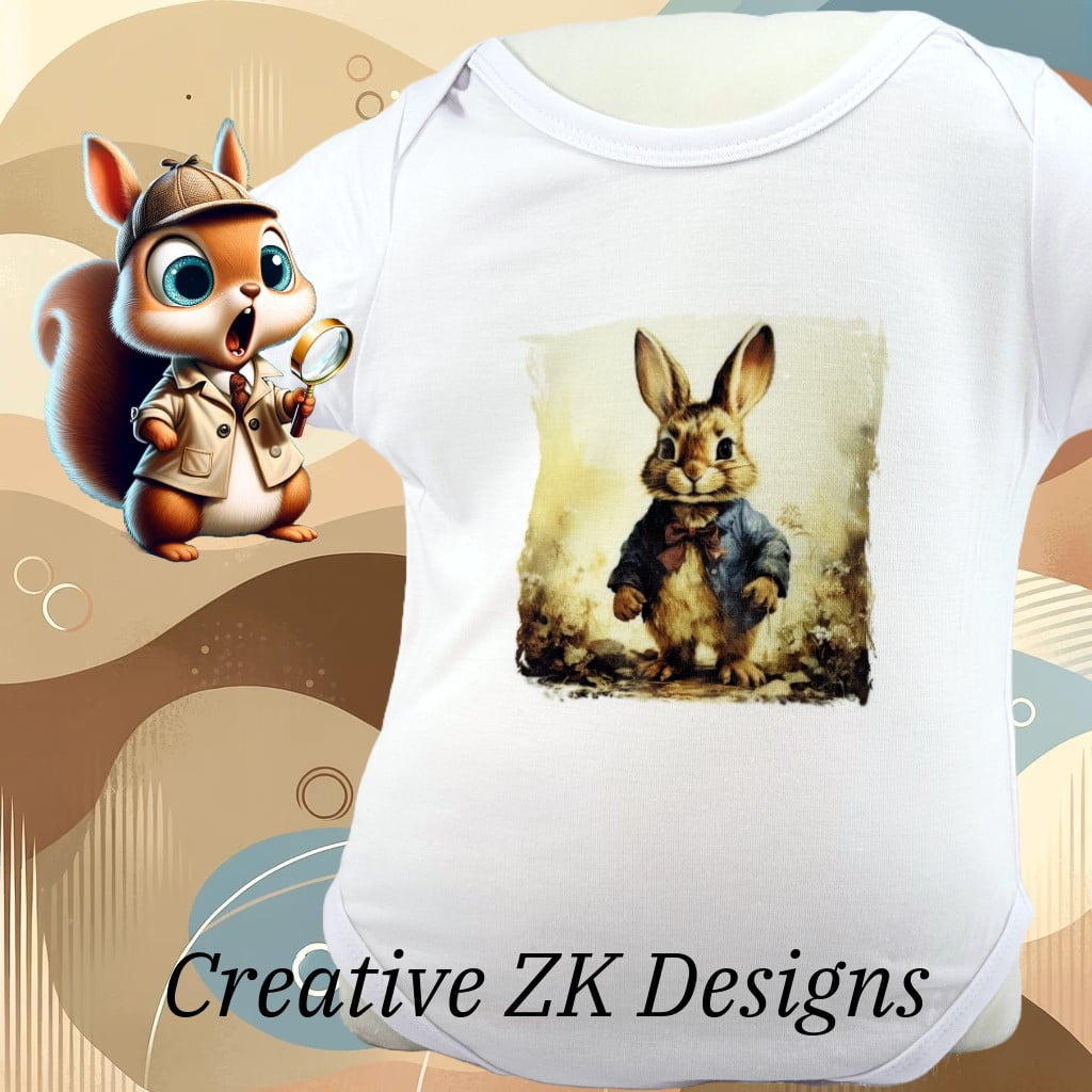 Enzo Bunny Shirt. Enzo rabbit graphic printed on a white onesie.