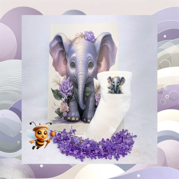Adorable Penny the Elephant kids' Socks with Floral Pattern and Purple Accents, Sizes 1-8 Years