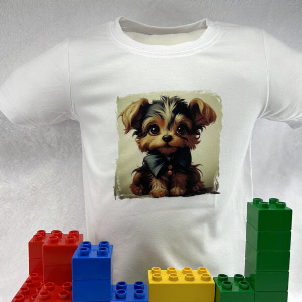 Jazz Yorkie onesie and t-shirt for babies and toddlers, showcasing playful puppy printed design.