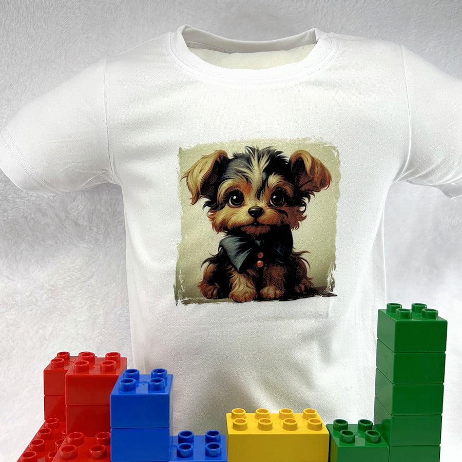 Adorable toddler white T-shirt with a printed image of a cute Yorkie puppy wearing a black bow tie, displayed next to colorful toy building blocks.