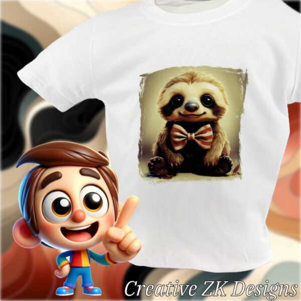 White toddler T-shirt with a vibrant print of Sir Fluffington Sloth wearing a bow tie, presented next to a cartoon boy character pointing at the shirt, with 'Creative ZK Designs' branding below. Sloth Kids' Apparel.