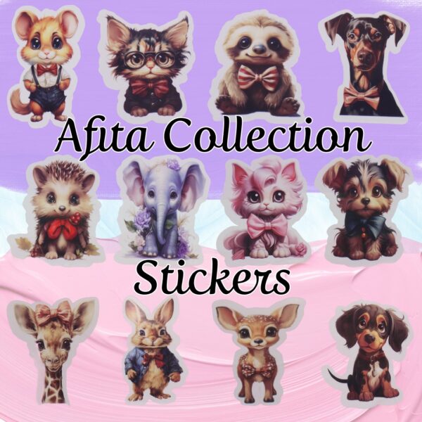 Collection of Afita Character Sticker packs by Creative ZK Designs, showcasing a variety of handcrafted animal designs in glossy finish.