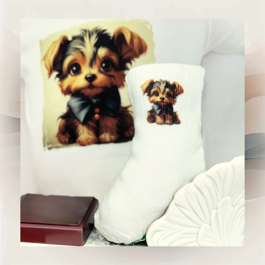 Cozy toddler's Yorkie Puppy Socks by Creative ZK Designs featuring the endearing Jazz character from the Afita Collection.