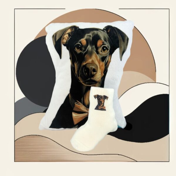 Pair of Terry Doberman Kids Socks, featuring a cute Doberman puppy design from the Afita Collection, on a playful abstract background for children.