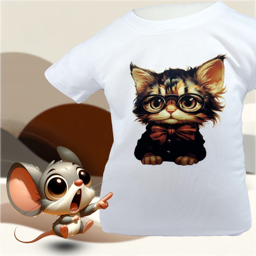 Afita Collection Smarty Cat infant onesie and toddler T-shirt design on a soft polyester. Featuring an adorable kitten with glasses in sizes 0-4T.