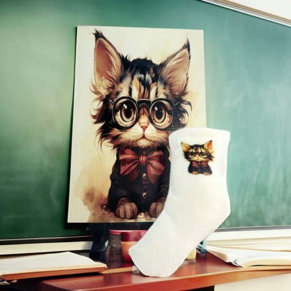 Zane Cat Kids Socks from the Afita Collection, featuring a whimsical smarty cat design with glasses, in comfortable polyester blend for ages 1-8.