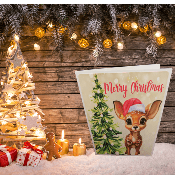 D.D. Deer wearing a Santa hat next to a decorated Christmas tree on Afita Christmas Cards, featuring festive ornaments and a cozy holiday scene from Creative ZK Designs.