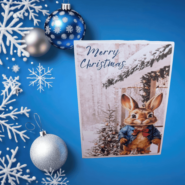 Enzo Bunny Rabbit snowy Christmas scene. Text: Merry Christmas