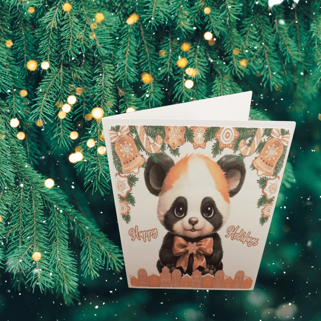 Muffin the Panda balls of holly. Text: Happy Holidays