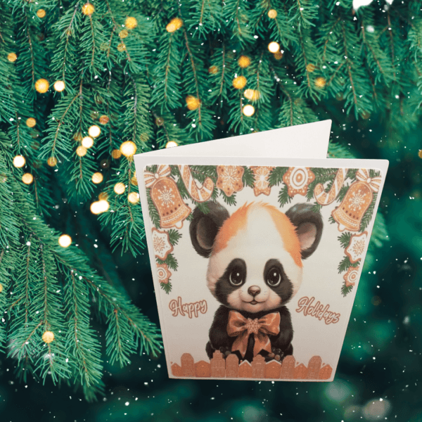 Muffin the Panda balls of holly. Text: Happy Holidays