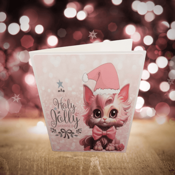 Paris Pink Kitty wearing pink santa hat. Text: Holly Jolly