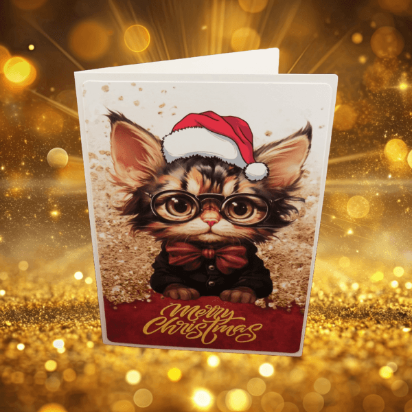 Zane Smarty Cat wearing Santa Hat with gold glittery background. Text: Merry Christmas
