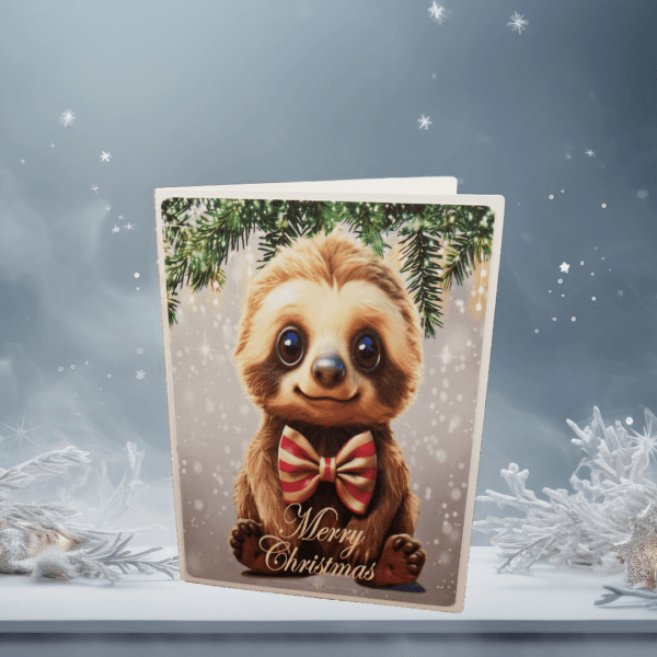 Sir Fluffington Sloth under Christmas tree Text: Merry Christmas