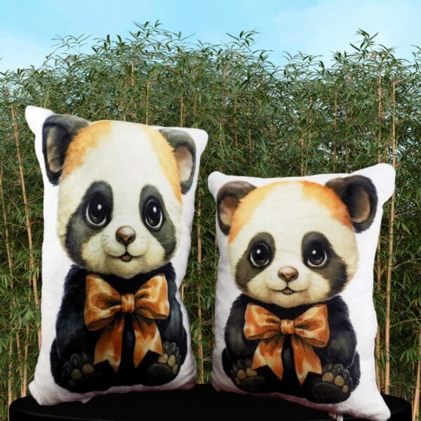 Muffin the Panda Plush Pillow in two sizes with bamboo background.