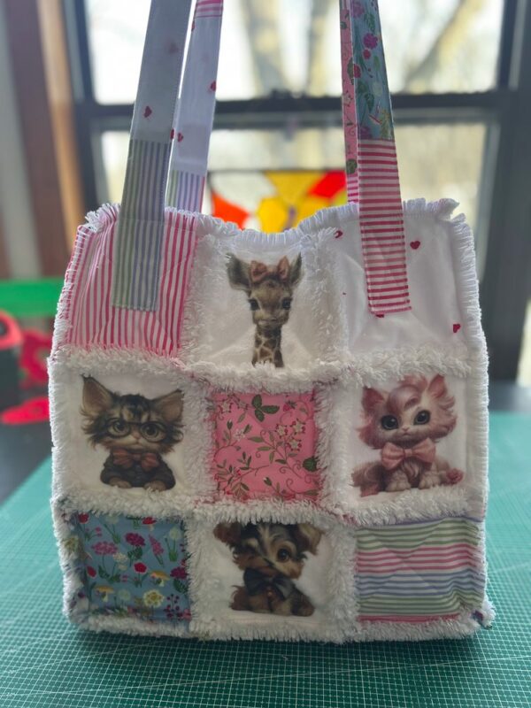 Handmade Afita rag quilt tote bag with GiGi the Giraffe, Zane the Smarty Cat, Paris the Pink Cat, and Jazz the Yorkie panels