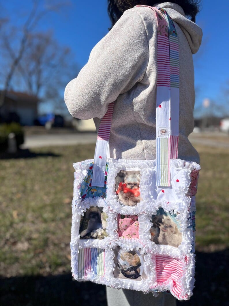 Custom photo tote bag showing patchwork and fringed seams